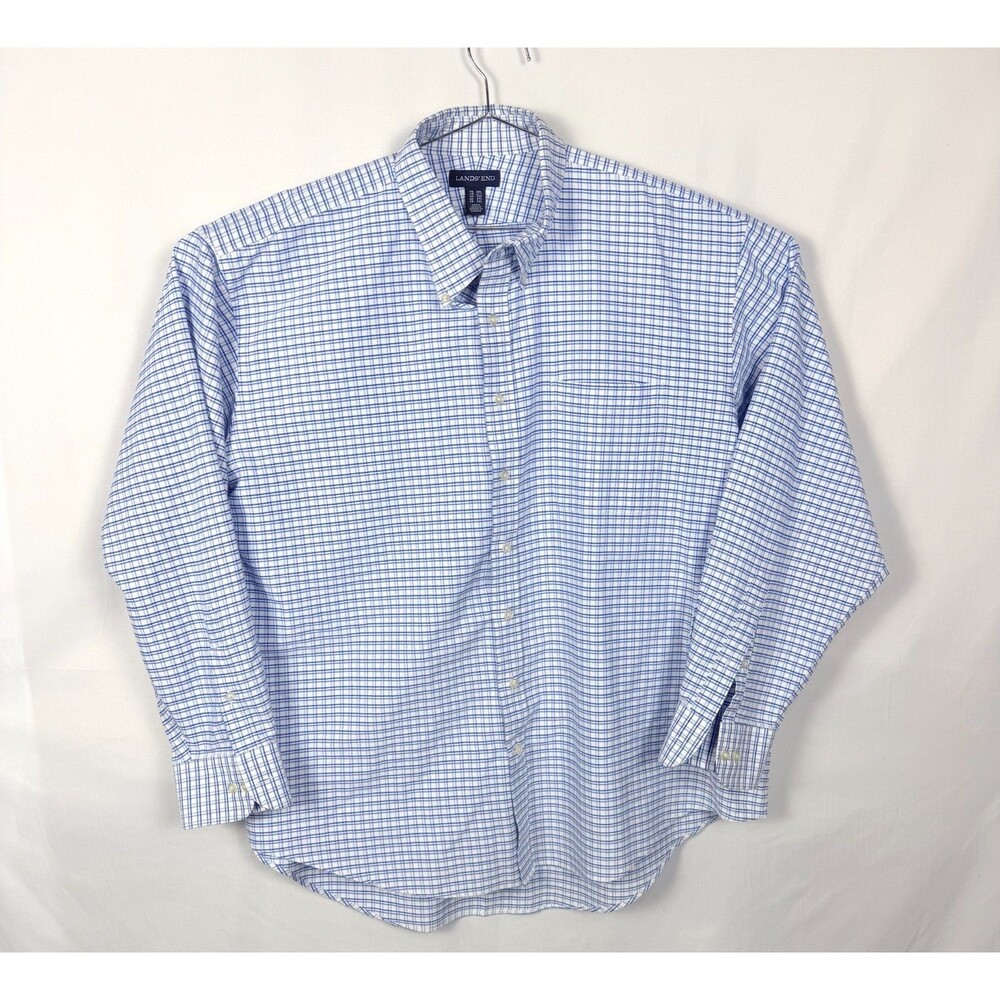 Land's End Men's Non Iron Blue Gingham Button Down Shirt 2XL Classic